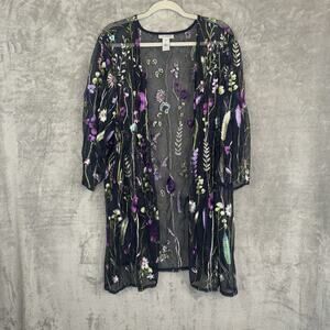 Catherines Size 4X Floral Embroidered Mesh Duster Top Purple Wildflower Fairy